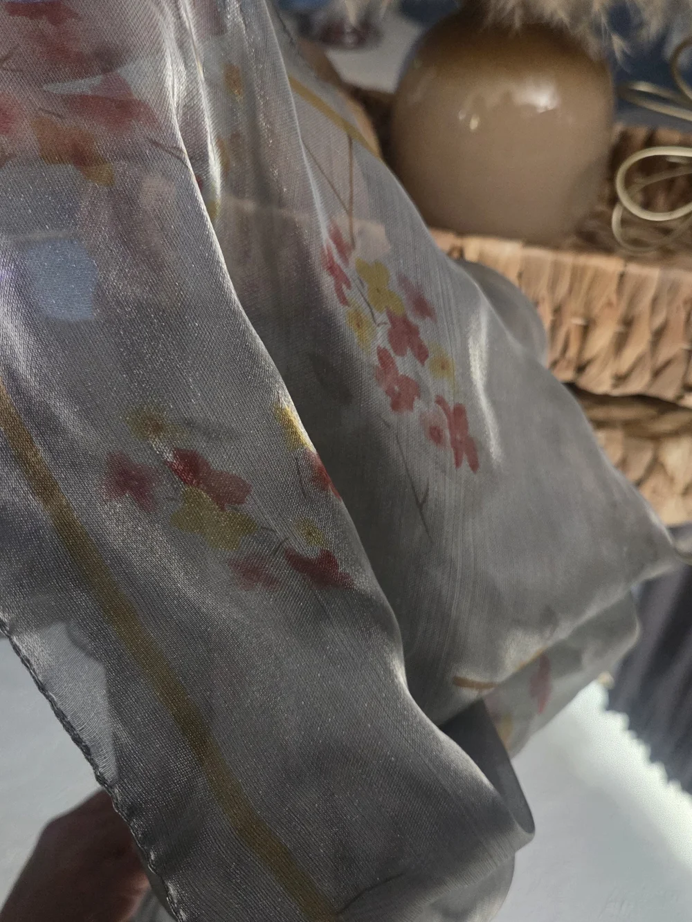 Vintage Italian Sheer Floral Square Scarf | Soft Gray | Made in Italy